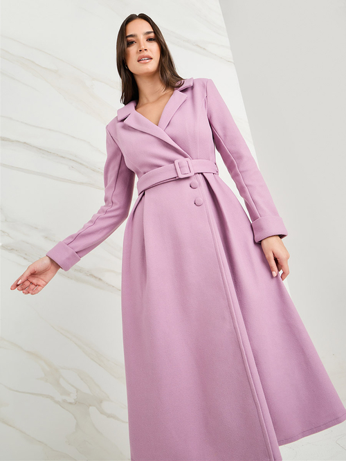 Buy Belted Wool Like Wrap Blazer Winter Midi Dress Lilac For Women Styli Saudi