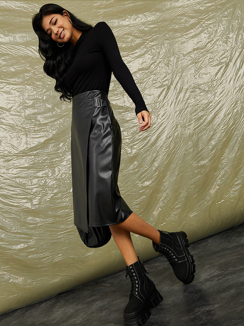 Buy Asymmetric Hem Leather Look Wrap Midi Skirt Black For Women Styli Kuwait