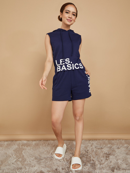Buy Les Basics Slogan Sleeveless Hoodie and Shorts Set Navy Blue For Women Styli Saudi