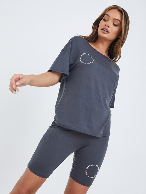 Buy Drop Shoulder Circle Slogan T shirt and Cycling Shorts Set Grey For Women Styli Kuwait