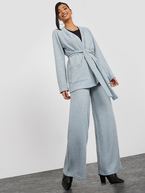 Buy Ribbed Longline Belted Cardigan Trouser Co Ord Set Grey For Women Styli UAE