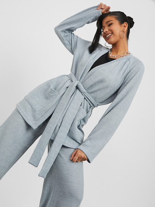Buy Ribbed Longline Belted Cardigan Trouser Co Ord Set Grey For Women Styli UAE