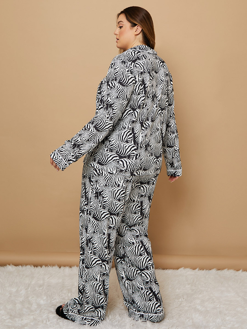Buy Plus Zebra Print Button Through Shirt Pyjama Set Black For Women Styli UAE