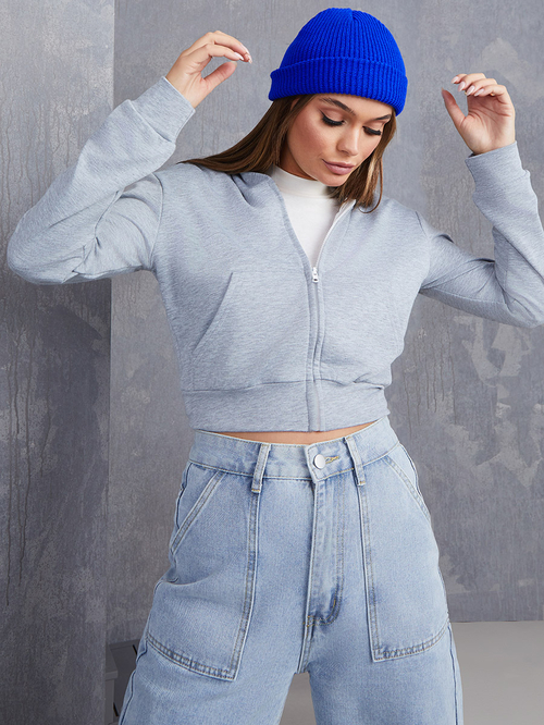 Buy Long Sleeves Crop Hoodie with Front Zip Closure Grey For Women Styli UAE
