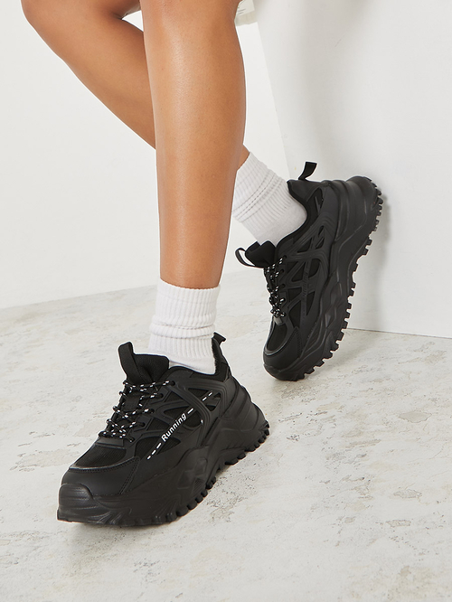 Buy Lace Up Chunky Sports Sneakers Black For Women Styli UAE