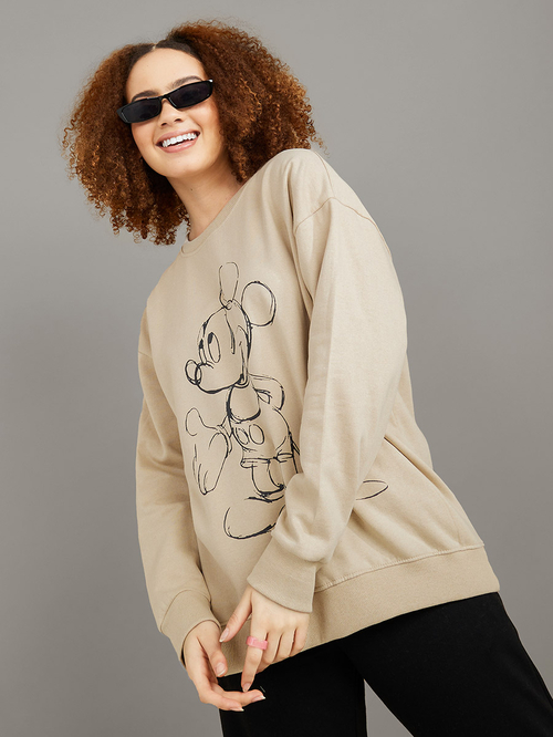 Buy Longline Mickey Mouse Graphic Regular Fit Sweatshirt Beige For Women Styli Saudi