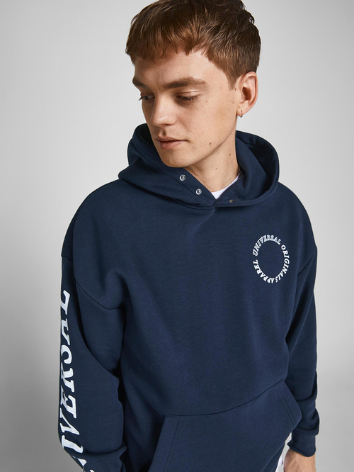 Buy Universal Snap Button Detail Oversized Hoodie Navy Blue For Men Styli UAE