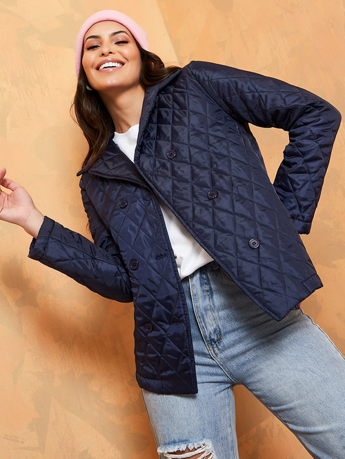 Buy Regular Length Double Breasted Quilted Jacket with Belt Navy Blue For Women Styli Saudi
