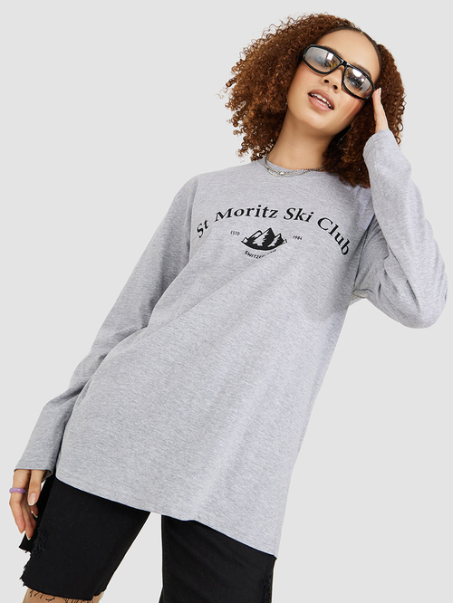 Buy St Moritz Ski Club Print Round Neck Oversized T-shirt Grey For Women |  Styli Saudi