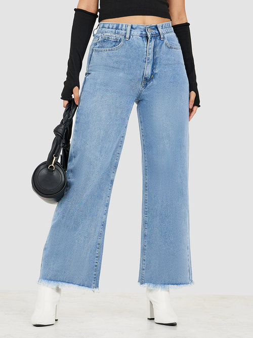Buy High Waist Frayed Hem Wide Leg Jeans Blue For Women Styli UAE