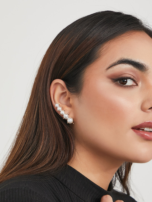 Buy Faux Pearl Line Stud Earrings Gold For Women Styli Kuwait