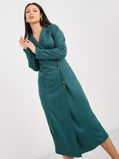 Buy Long Sleeves Suede Look Blazer Midi Dress Green For Women Styli Saudi
