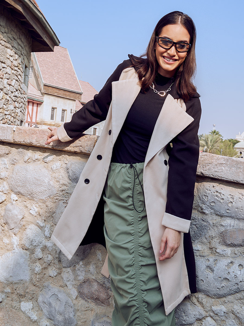 Buy Color block Double Breasted Knee Length Coat Multi For Women Styli Kuwait