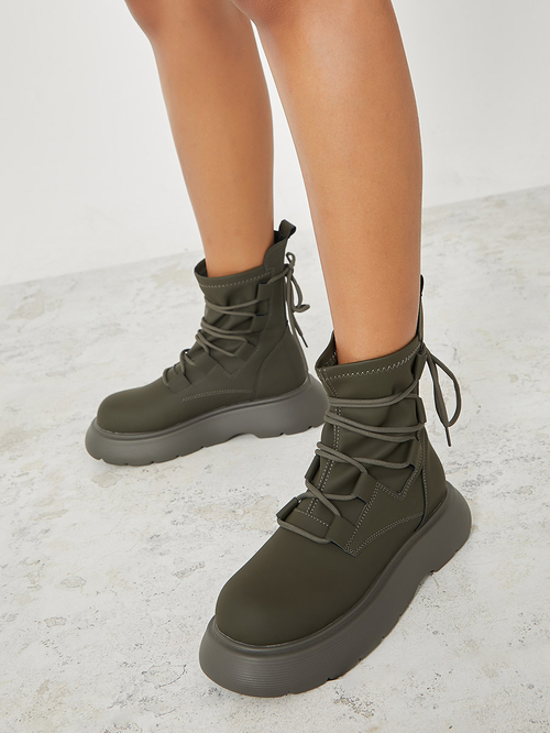 Buy Chunky Outsole Mid Ankle Combat Boots Olive For Default Category Styli Saudi