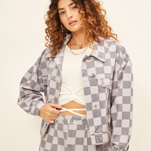 Buy Checked Denim Jacket with Patch Pocket Lilac For Women Styli Kuwait