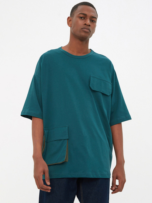 Buy Drop Shoulder Flap Pocket Detail Oversized T shirt Blue For Men Styli UAE