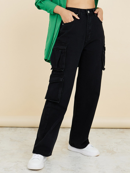 Buy Cargo Jeans with Button Detail Hem Black For Default Category Styli UAE