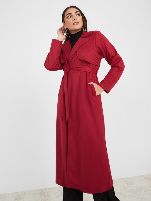 Buy Suede Look Long Trench Coat with Tie Belt Maroon For Women Styli Saudi