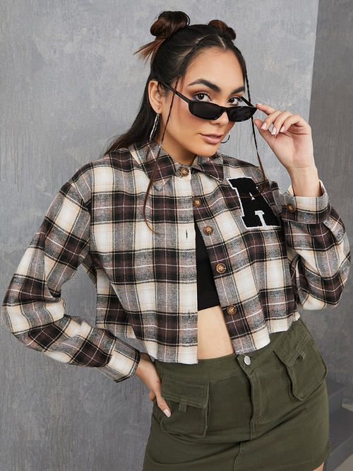 Buy Short Length Checked Crop Jacket with Applique Detail Multi For Women Styli UAE