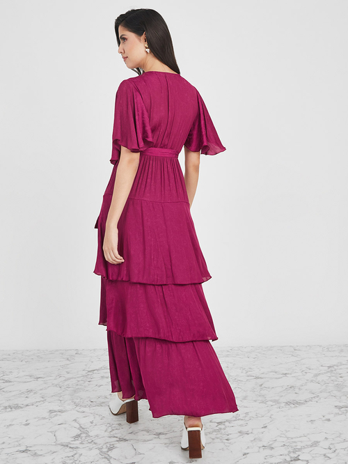 Buy Short Flare Sleeves Tiered Maxi Dress Pink For Women Styli Saudi