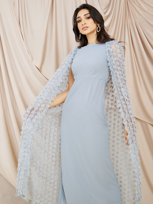 Buy Long Cape Sleeves Bodycon Maxi Dress Blue For Women Styli Saudi