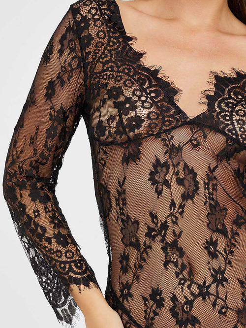 Buy V Neck Long Sleeve Eyelash Lace Maxi Slip Dress with Thong Black For Women Styli UAE