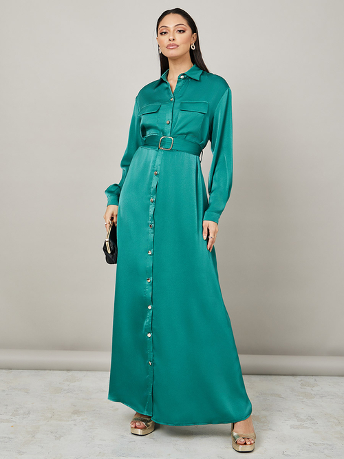 Buy Long Sleeves Shirt Maxi Dress with Side Slit Green For Women Styli Saudi