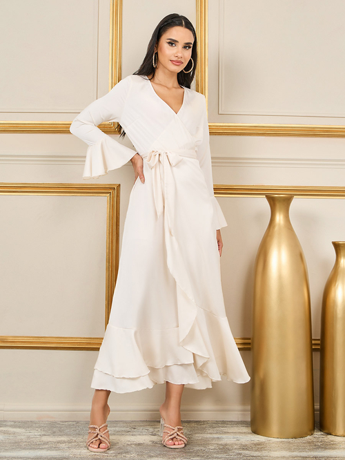 Ruffle hem wrap dress discount