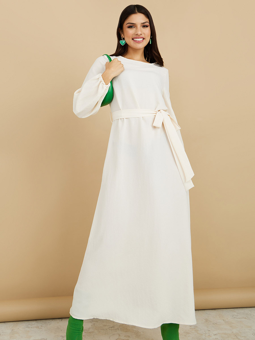 Buy Long Sleeves Plain A Line Maxi Dress with Self Tie Up For