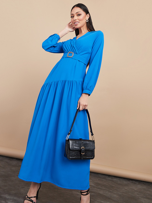 Buy Long Sleeves Drop Waist Maxi Dress with Textured Buckle Blue For Women Styli UAE