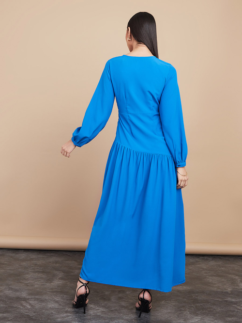 Buy Long Sleeves Drop Waist Maxi Dress with Textured Buckle Blue For Women Styli Saudi