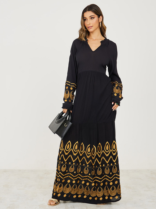 Buy Embroidered A Line Maxi Dress Black For Women Styli UAE