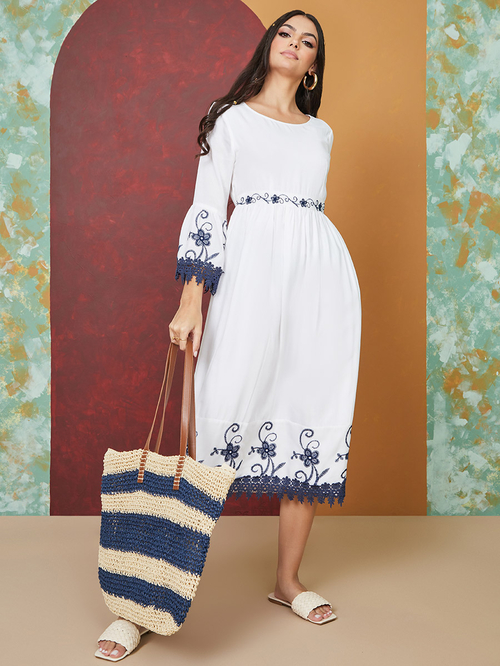 Buy Embroidered A Line Midi Dress White For Women Styli UAE