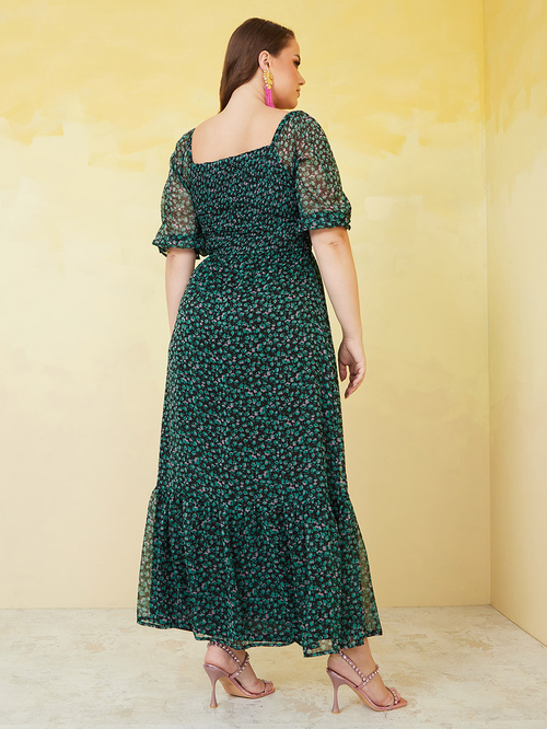 Buy Plus Ditsy Floral Print Smocked Maxi Dress Multi For Women Styli UAE