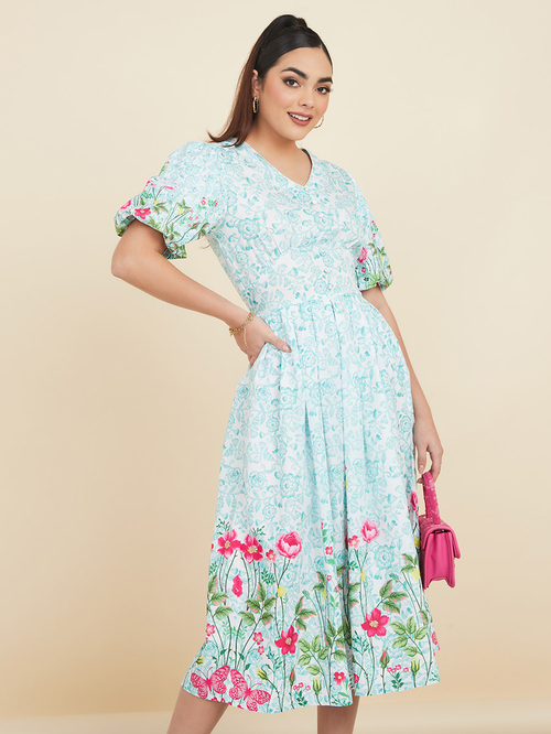 Buy Floral Placement Print A Line Midi Dress Off White For Women