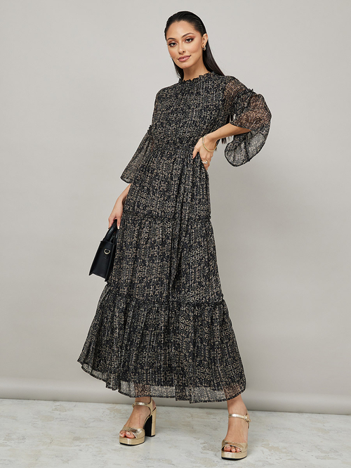 Buy Bell Sleeves Floral Print A Line Maxi Dress Black For Women Styli Saudi