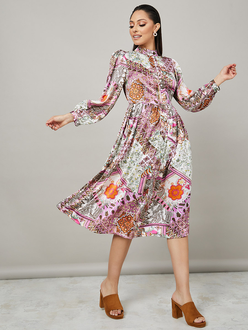 Buy Volume Sleeves Scarf Print Midi Dress with Button Loop Multi For Women Styli Saudi