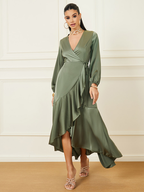 Khaki satin wrap dress outlet