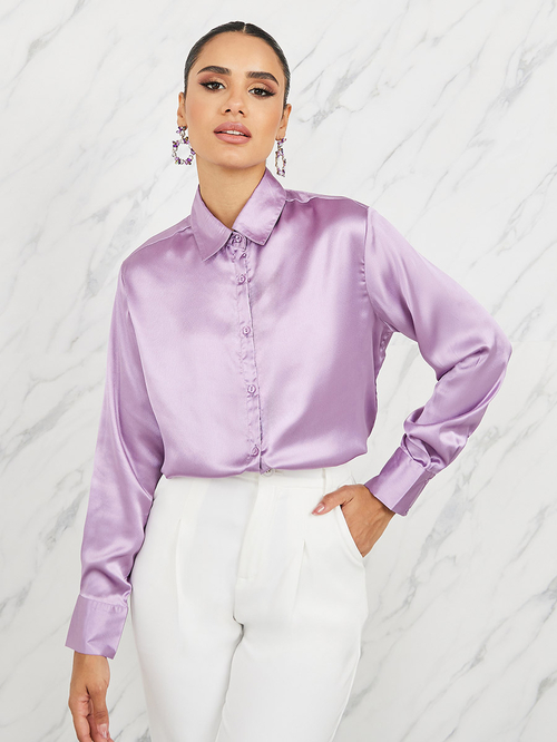 Buy Satin Relaxed Fit Longline Shirt Lilac For Women Styli UAE
