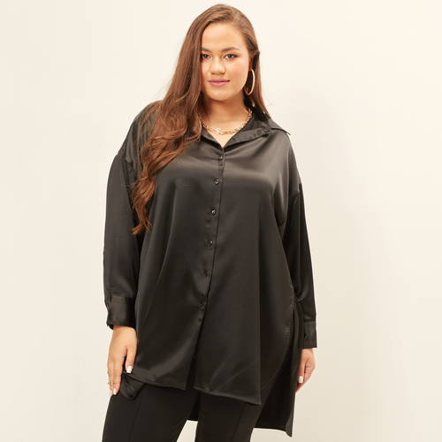 Buy Plus Solid High Low Shirt with Long Sleeves and Slit Detail Black For Women Styli Kuwait