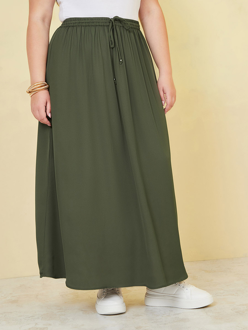 Buy Plus Tie Waist Detail Maxi Skirt Khaki For Women Styli Bahrain