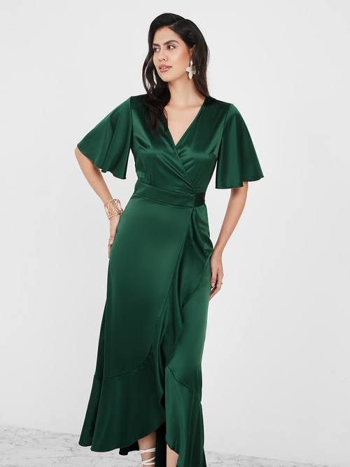 Buy Flare Sleeve Wrap Maxi Dress with Frill Hem Green For Women Styli Saudi