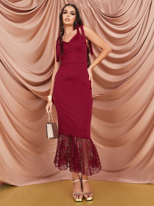 Buy Lace Frill Hem Bodycon Maxi Dress Red For Women Styli Saudi