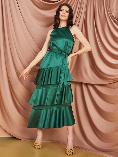 Buy Satin Strappy Layered Maxi Dress Green For Women Styli UAE