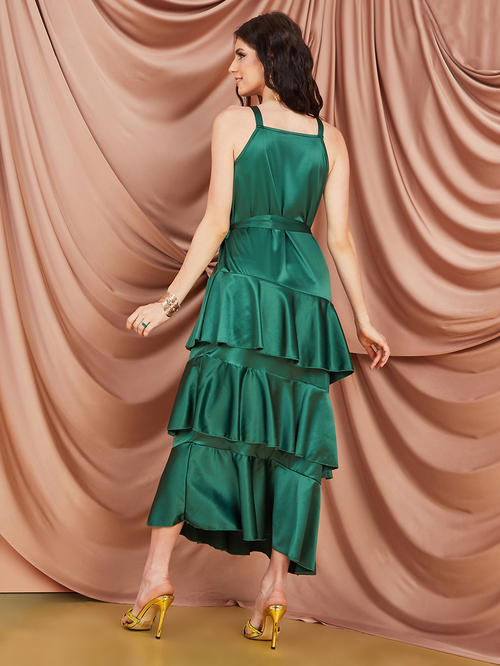 Buy Satin Strappy Layered Maxi Dress Green For Women Styli Saudi