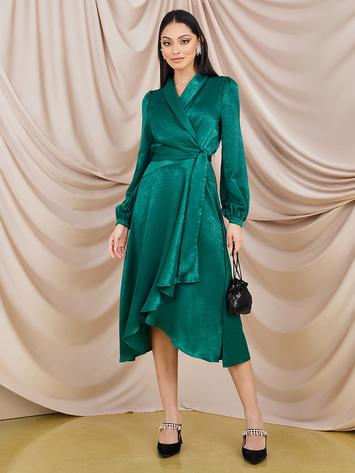Green satin wrap midi dress cheap