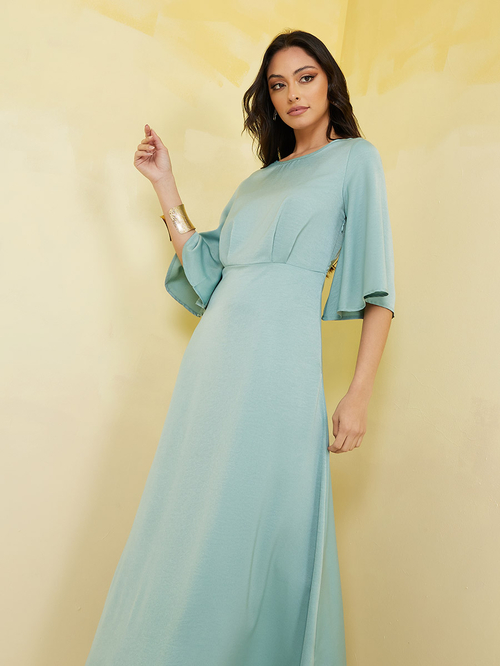 Buy Flare Sleeve Woven A Line Maxi Dress Green For Women Styli Kuwait