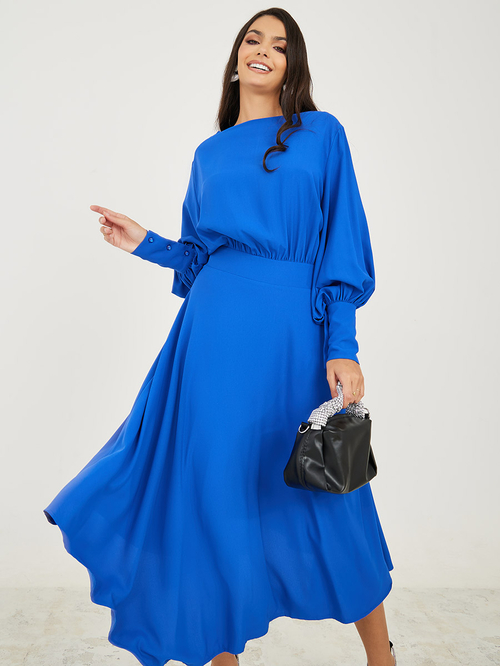 Buy Blouson Sleeve Asymmetric Hem A Line Midi Dress Blue For Women Styli Saudi