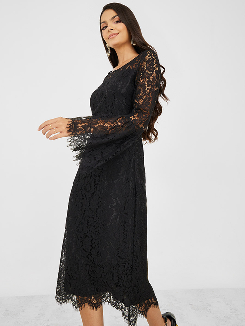 Buy Bell Sleeve Lace Insert A Line Midi Dress Black For Women Styli Saudi