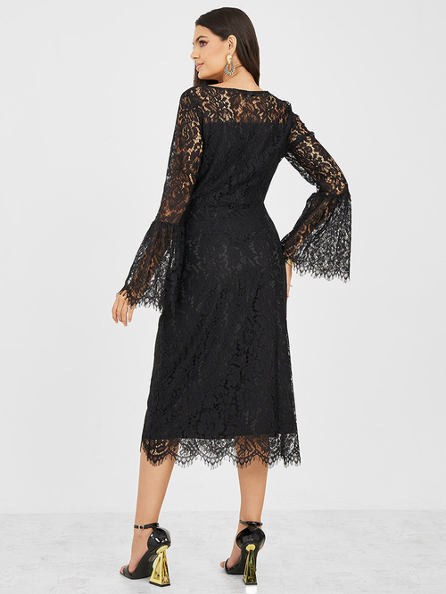 Buy Bell Sleeve Lace Insert A Line Midi Dress Black For Women Styli Saudi